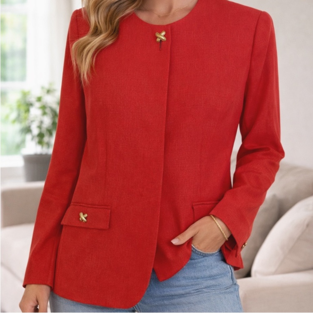Worthington Vintage Red Collarless Blazer Gold Button Detail Petite Size 14P
